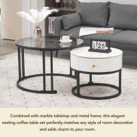 Juego de Mesa Centro Moderno en Blanco - 2 Piezas with Cristal Pulido, Tapa de Mármol Pizarra y Cajones de Madera Maciza | Top Venta para Salas con Estilo Minimalista y Funcionalidad - details 0