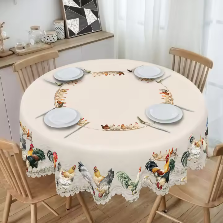 Mantel De Poliéster Retro Con Patrón De Gallo Hembra Y Pollo Decoración De Primavera Y Verano Para Casa Restaurante Café Estilo Campestre Lavable En Máquina Con Enfoscado En Borde - 1