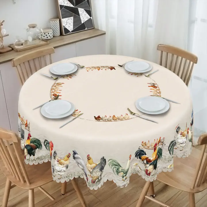Mantel De Poliéster Retro Con Patrón De Gallo Hembra Y Pollo Decoración De Primavera Y Verano Para Casa Restaurante Café Estilo Campestre Lavable En Máquina Con Enfoscado En Borde - 1