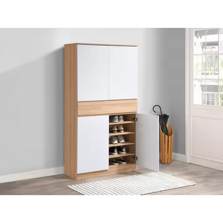 Vente-unique - Mueble zapatero con 4 puertas y 1 cajón - Blanco y Natural - COVIANA - 1