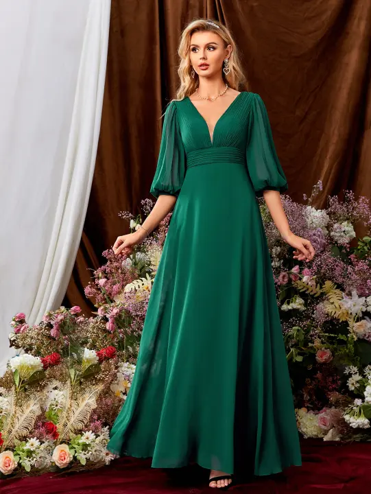 Vestido De Novia De Sastre Unithorse Con Mangas Lantern Y Cuello Plunging En Chiffón Para Damas De Honor Elegante Y Slim - 1