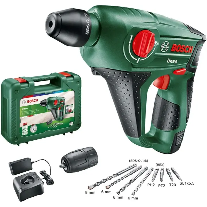 Bosch Martillo perforador a batería Uneo (12 V, 1 batería, cargador, Portabrocas adicional para brocas cilíndricas, Power for all, Sistema SDS, Cargador, 4 puntas, Maletín, 2,0 Ah) - 1