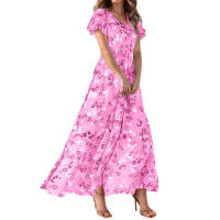 Vestido Largo De Mujer Elegante En Chiffon Floral Con Manga Corta Y Cuello En V A-Line Con Volante Y Cintura Empresarial Para Verano - details 2