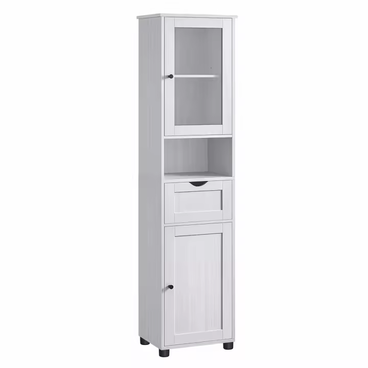 VASAGLE Mueble Baño, Armario Baño, Armario Alto, Compartimento Abierto, Puerta de Cristal, Estrecho, con Patas, Estantes Regulables en Altura, Ahorro de Espacio, Blanco Arce/Blanco Nube - 1