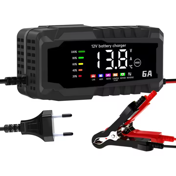 Cargador de badería, 6A 12V LiFePO4 Cargador de badería Inteligente con función de reparación automática y Pantalla LCD,Cargador de badería de Coche Motocicleta, AGM, Gel, húmedo, SLA - 1