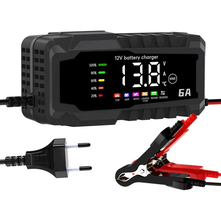 Cargador de badería, 6A 12V LiFePO4 Cargador de badería Inteligente con función de reparación automática y Pantalla LCD,Cargador de badería de Coche Motocicleta, AGM, Gel, húmedo, SLA - 1