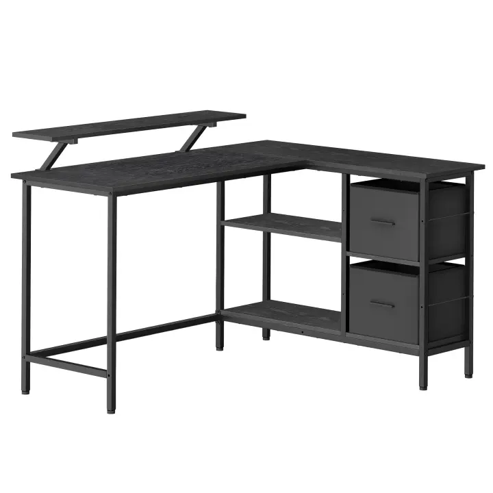 Escritorio con 2 Cajones y Soporte para Monitor - Escritorio de Esquina con Estante Ajustable, para Oficina y Juegos, Marrón Rústico, 105x135x89.5 cm - 1