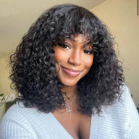 Pelucas De Cabello Brasileño Rizado Corto Con Franja Para Mujeres Peluca Mecánica De Cabello No Remy Tamaño Promedio Color Natural - details 4