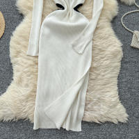 Vestido De Punto Para Mujer REALEFT Otoño Invierno Con Abertura Lateral Y Cuello Redondo Manga Larga Solido Vestido Recto De Oficina - details 8