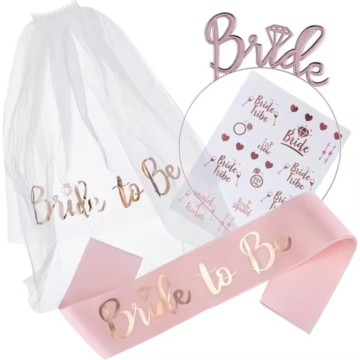 Banda para novia, paquete de 4 accesorios para despedida de soltera, incluye banda, tiara, tatuaje de despedida de soltera y velo de novia - 1