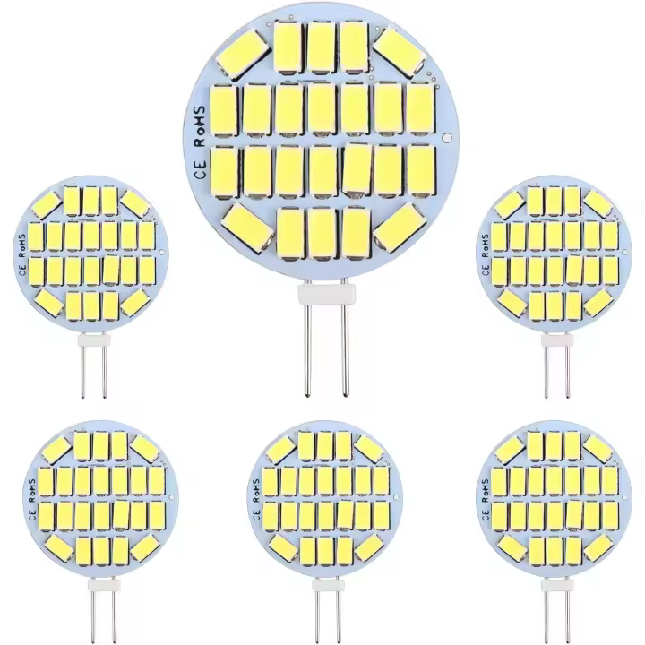 Bombilla LED G4 de 3 W, CA/CC de 12 a 24 V, 300 lm, blanco frío de 6000 K, 24 x 5730 SMD, equivalente a bombilla halógena de 30 W, no regulable, bombilla LED redonda G4 para luz de armario, iluminación empotrada, paquete de 6 - 1