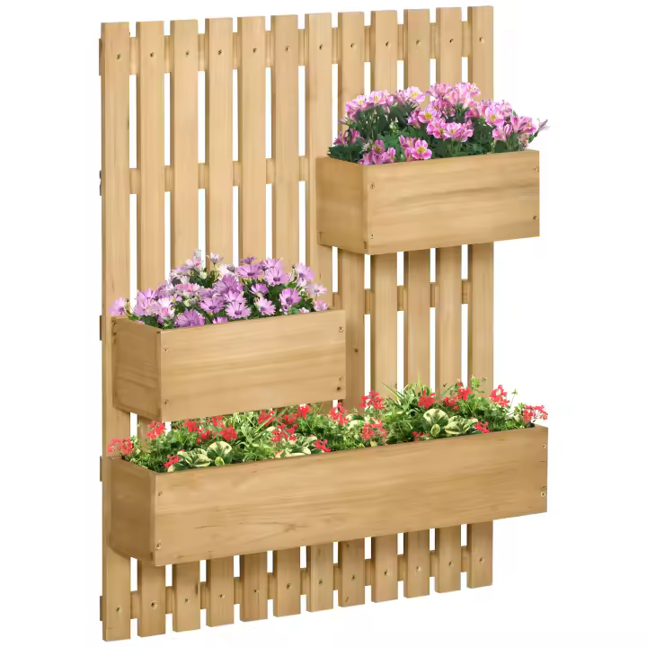 Outsunny Jardinera de Pared con Enrejado Jardinera Vertical de Madera con 3 Macetas Móviles y Orificio de Drenaje para Jardín Terraza Patio 60x16x80 cm Natural - 1