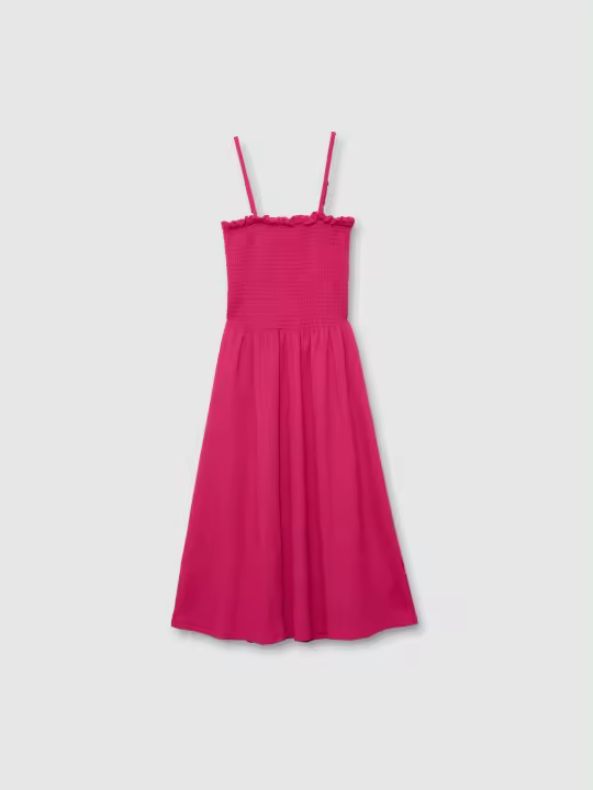 Vestido midi fucsia con cuerpo nido de abeja, escote cuadrado y falda fluida, ideal para un look casual INSIDE - 1