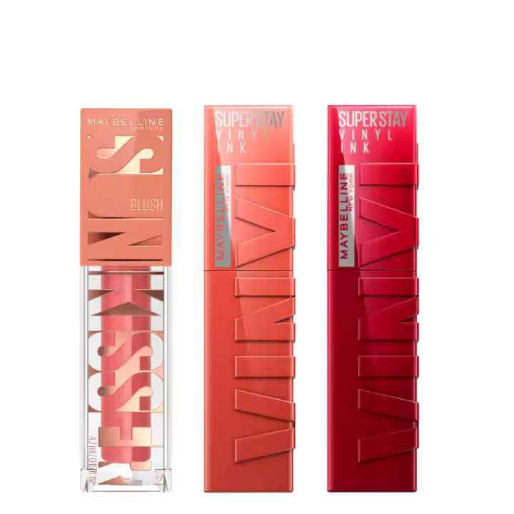 Maybelline New York | Kit estacional de tonalidades de Verano. Con el colorete bronceador Sunkisser, en Tono City Sizzle, el pintalabios Superstay Vinyl Ink efecto vinilo fijo, en Tono 55 Royal y el Pintalabios Superstay Matte Ink en tono 125 Inspirer - 1