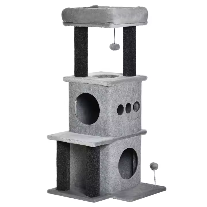 PawHut Árbol para gatos Cozy Chic Design con múltiples equipamientos, centro de actividades, nichos, plataformas, cama, pelota de juego, fieltros extraíbles y lavables, tablero de partículas de felpa corta, 48 x 48 x 100 cm, gris - 1