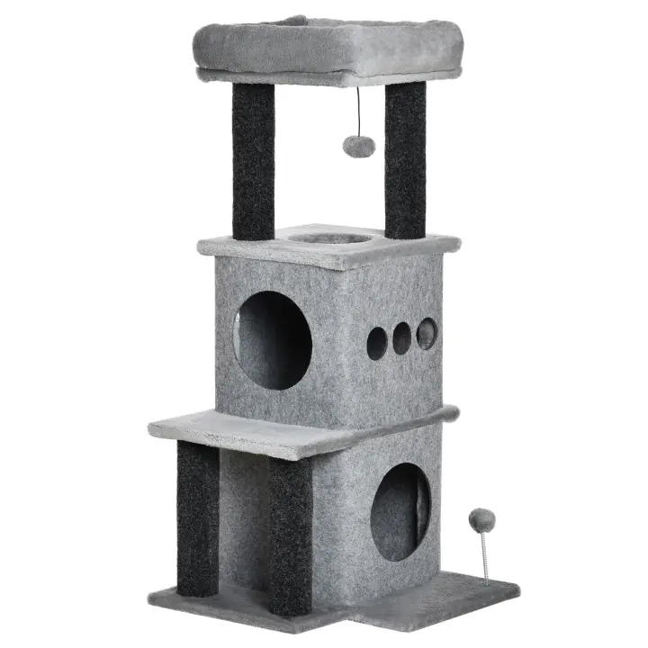 PawHut Árbol para gatos Cozy Chic Design con múltiples equipamientos, centro de actividades, nichos, plataformas, cama, pelota de juego, fieltros extraíbles y lavables, tablero de partículas de felpa corta, 48 x 48 x 100 cm, gris - 1