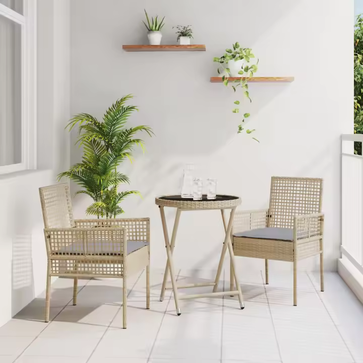 Conjunto de Bistro de Jardín de 3 Piezas vidaXL con Cojines Beige de Poliratán - 1