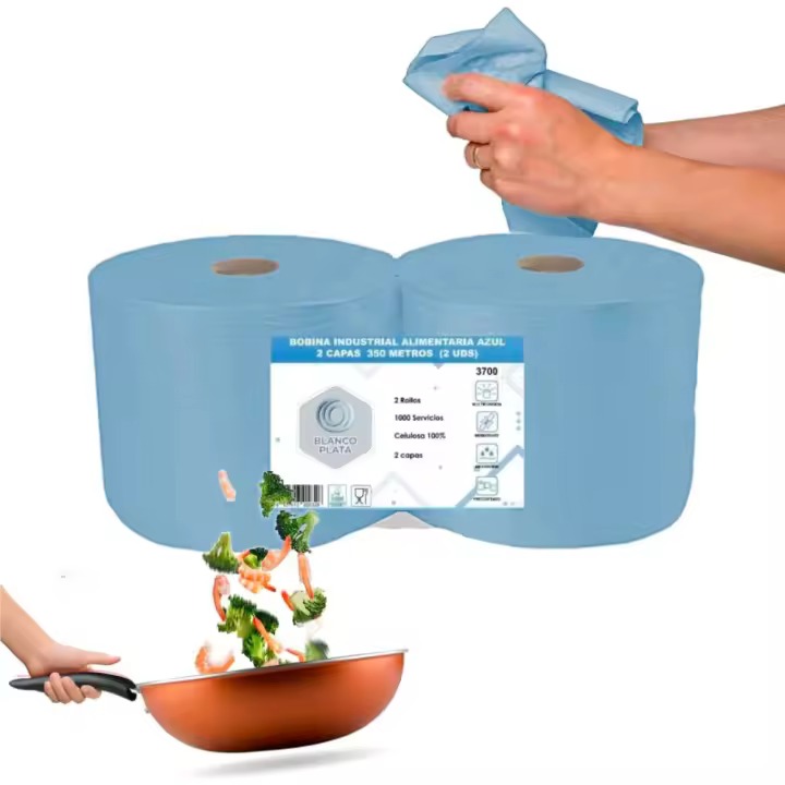 Blancoplata Bobina Papel Industrial 100% Celulosa Azul 350m 2 unidades de 1000 servicios Apto Contacto con Alimentos Absorbente y resistente - 1