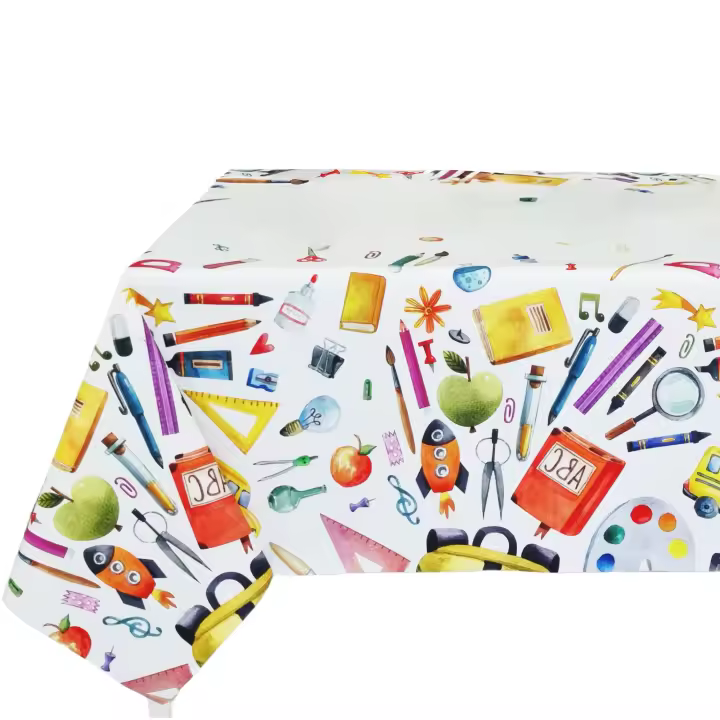 Mantel antimancha digital, Mantel lavable y impermeable, Ideal para hogar y dormitorio de niño, Para mesa rectangular, Caída decorativa, Estilo moderno, Dibujos infantil，Fondo blanca marfil ,multicolor, Lápiz, Ancho 137cm, DM118 - 1
