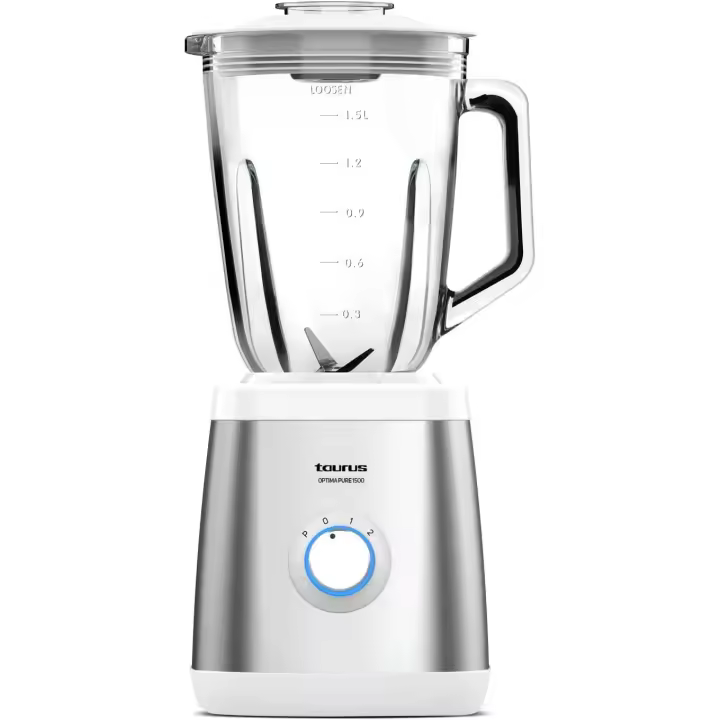 Taurus Optima Pure 1500 - Batidora de vaso, 1500W, jarra cristal graduada, 1.5L capacidad, pica hielo, 2 velocidades + Turbo, cuchillas de acero inoxidable desmontables, libre BPA - 1