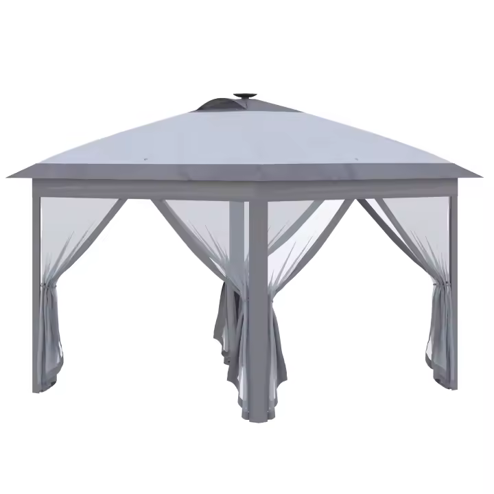 Gazebo de viaje para Exterior 3,3x3,3 M Gazebo plegable con USB LED plegable con Paredes laterales de Malla, Sol resistant Canvas Oxford gris, perfecto para Fiesta en El Jardín - 1