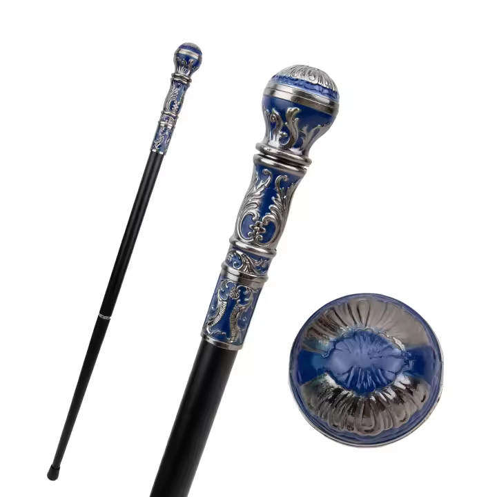 Bastón De Moda Plateado Azul Con Manija Redonda Decorativa Para Fiesta Cane De Lujo Elegante 93cm Con Punta De Goma - 1