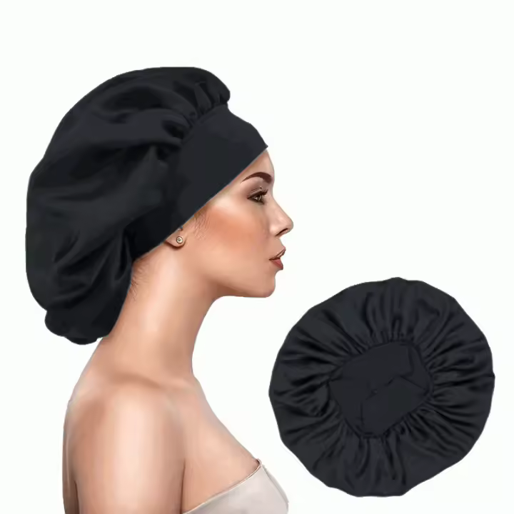 IMAXWAVE Gorro de satén para dormir cabello rizado con banda elástica ancha, anti frizz, protector de rizos y retención de humedad para mujeres y niñas, Gorro de ducha, Elástico, Negro - 1