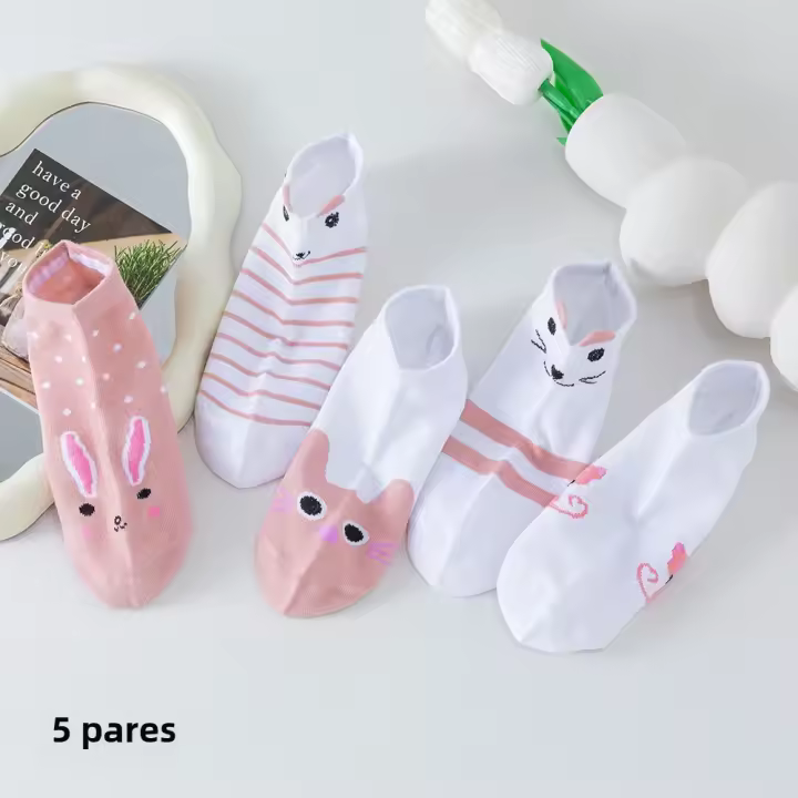 5 Pares De Calcetines Cortos Para Mujer En Rosa Con Gato Bonito Calcetines De Otoño Invierno Moda Calcetines De Barco Con Cima Lenta - 1