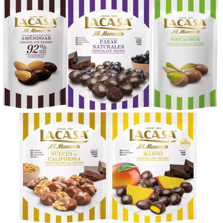 Lacasa Mi Momento pack de 5:Pistacho Chocolate Leche ,Almendra 92% ,Nueces Chocolate Leche,Pasas Chocolate Negro ,Mango Chocolate Negro - 1