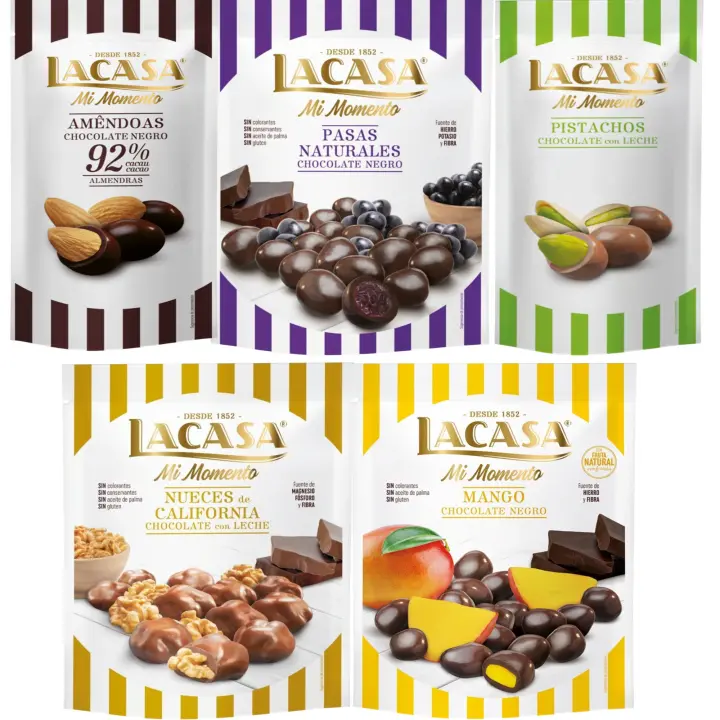 Lacasa Mi Momento pack de 5:Pistacho Chocolate Leche ,Almendra 92% ,Nueces Chocolate Leche,Pasas Chocolate Negro ,Mango Chocolate Negro - 1