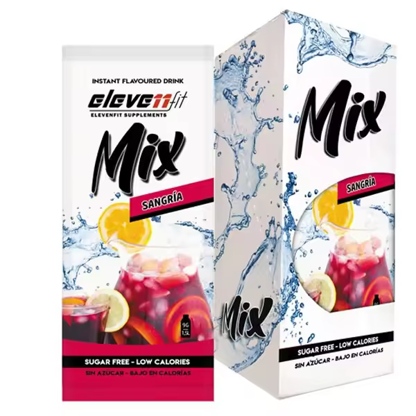 Eleven Fit Mix Instantáneo, Caja de 12 Sobres Sabor Sangria - Prepara 1.5L de Bebida Saludable - Sin Azúcar, Baja en Calorías y Carbohidratos - Ideal para Agua/Leche, Cocinar y Preparar Postres - Mejora tu Dieta - Apto para Adultos y Niños - 1