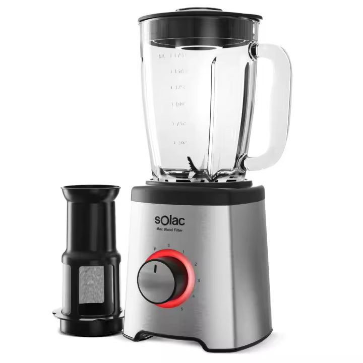 Solac - Batidora de vaso Max Blend Filter  1600W  Jarra Cristal 1,75L  5 velocidades con función Pulse  6 filos en acero inoxidable  Pica Hielo  Filtro para zumos sin pulpa - 1