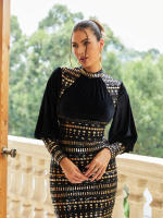 Vestido Largo De Noche Vintage Negro De Veludo Con Aros Y Manga Larga Para Mujer Missord Vestido De Fiesta De Bodycon Para Bodas Y Premiaciones - details 8