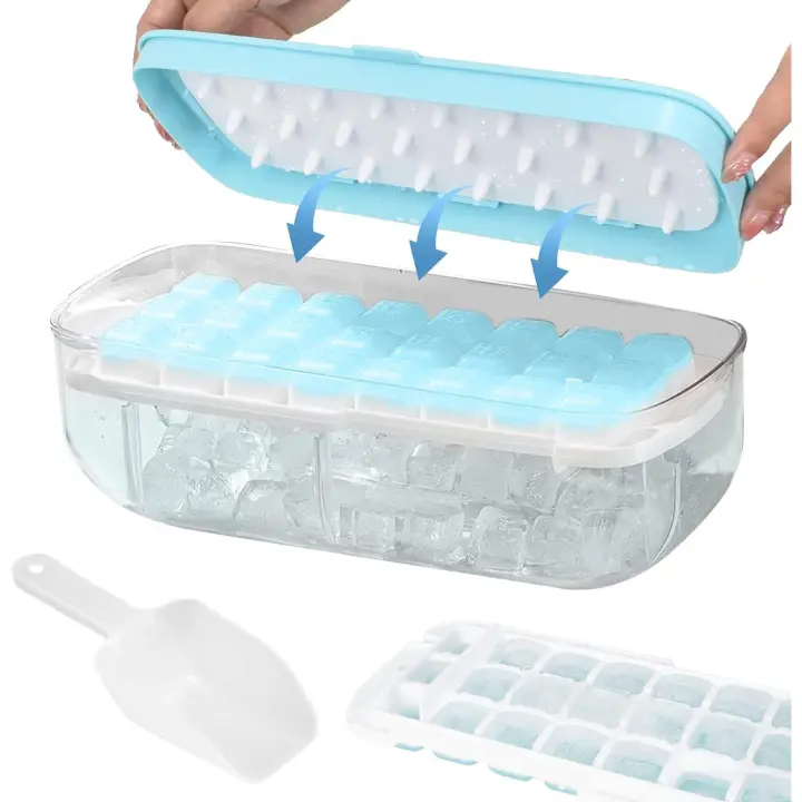 Cubiteras para Hielo con Tapa, 2 Capas Cubitera Silicona con Contenedor y Pala de Hielo, Sin BPA, 48 Cubitos de Hielo Cuadrado Molde Hielo, para Cóctel de Whisky de Cola Congelado (Azul) - 1