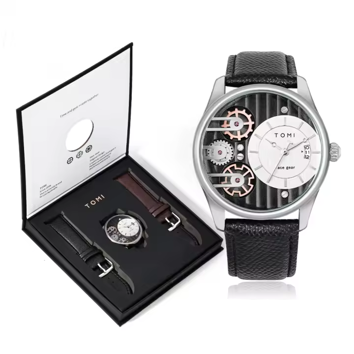 Reloj De Cuarzo Para Hombre TOMI Con Correa Desmontable Estilo Negocios Y Sencillo Caja De Regalo De Fiestas Material De Pulsera PU Calendario Completo Resistente Al Agua - 1