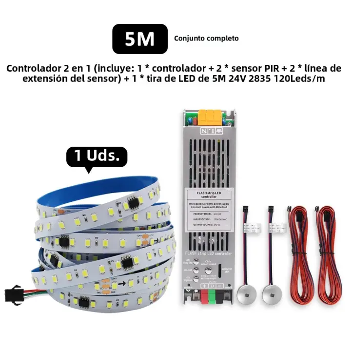 Tira De LED 24V Con Sensor De Movimiento PIR Y Controlador De Carril Para Efecto Pursuit WS2811 2 En 1 Flujo De Agua 10M - 1