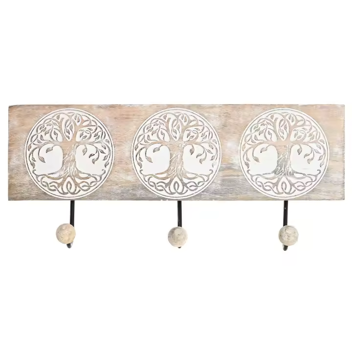 Perchero de Pared con Dibujo Arbol de la Vida 38cm de Madera Tallada 3 Ganchos Colgador de Ropa Vintage - 1