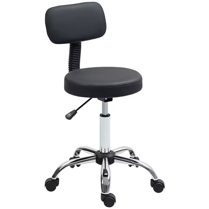 HOMCOM Taburete Giratorio Taburete con Ruedas y Respaldo Taburete de Trabajo con Altura Regulable 78-93 cm Asiento Tapizado de Cuero Sintético Negro - 1