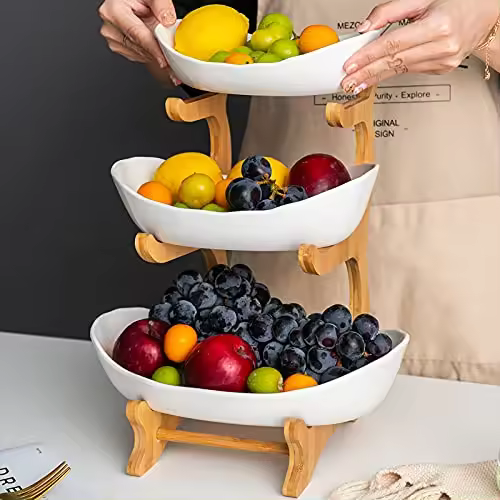 MINGCASA Frutero de 3 Pisos ,Frutero de Cerámica de Tres Piso , Cesta de Frutas de Cerámica , Soporte De Bambú Natural, Cocina Mostrador y Organizador para Verduras y Frutas… (Frutero) - 1