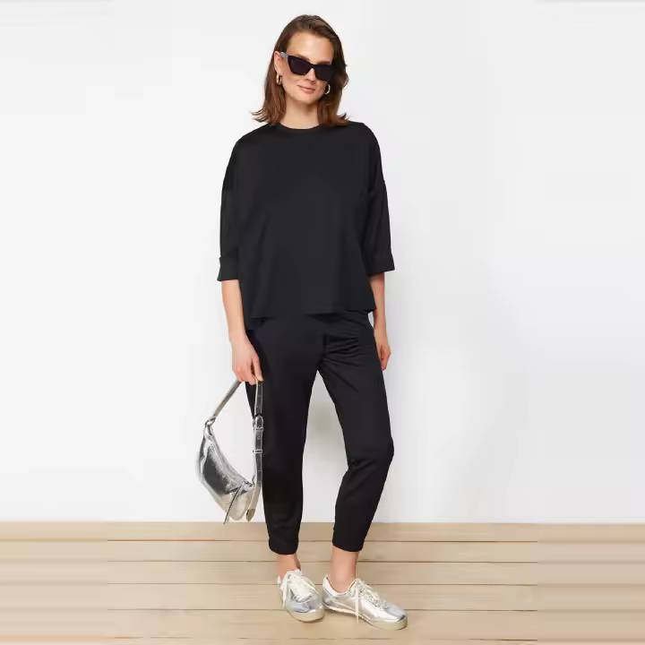 Trendyol Black Oversize/Wide Pattern Knitted Sweatshirt/Pants Top-Bottom Set - 1
