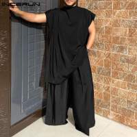 Nueva Conjunto De Ropa Para Hombres Estilo Musulmán Con Mangas Bajadas Pliegues Cuello Medio Media Longitud Pantalones Sueltos 2 Piezas Tallas S-5XL INCERUN 2024 - details 2