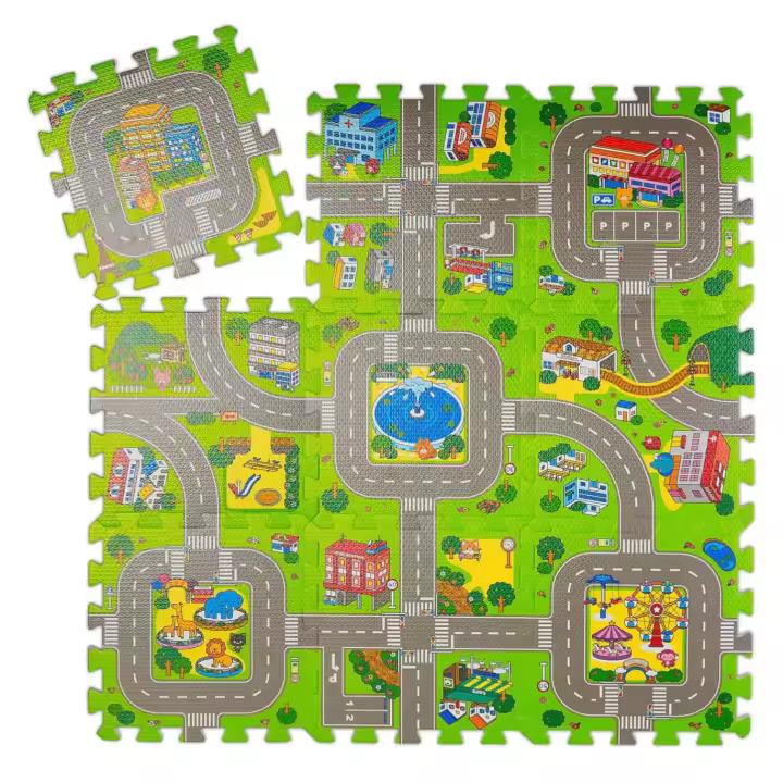 Alfombra Puzzle Ciudad, Colchoneta Juego. Losetas puzzle infantil circuito  Niños, Goma EVA, 9 piezas de 30x30x1cm - 1