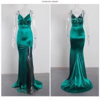 Vestido De Noche Elegante Para Mujer En Satén Verde Esmeralda Con Tirantes Spaghetti Cuello V Y Lazo Vestido De Boda Y Fiesta De Mujer Longitud Del Piés Traje De Novia - details 4