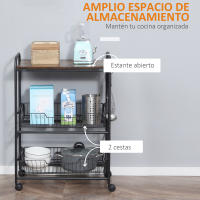 HOMCOM Carrito Auxiliar con Ruedas Carrito Verdulero de 3 Niveles Carrito de Cocina con 2 Cestas y 4 Ganchos para Comedor Salón 60x38x85,5 cm MarrónRústico - details 3