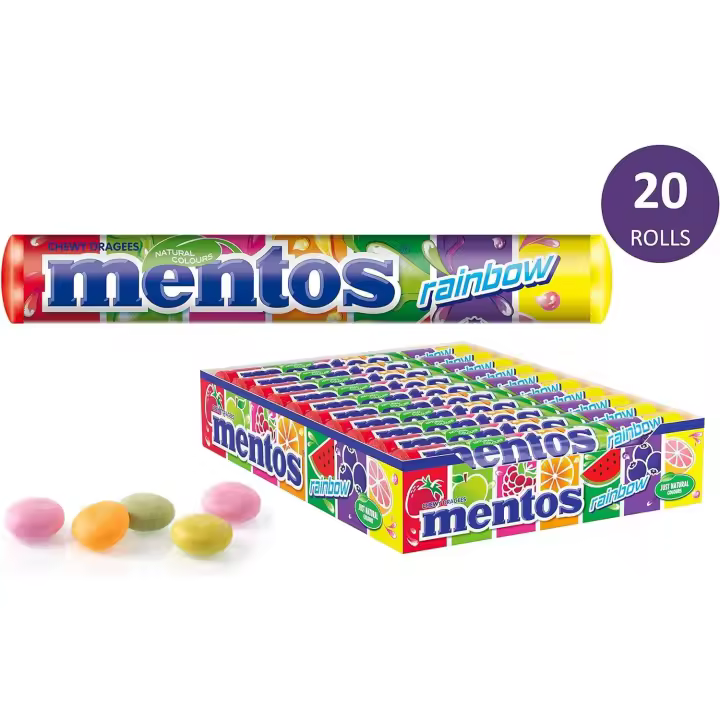 Caramelos Mentos Fruit - Fresa Mix - Rainbow - Discovery - Menta - Caramelo Masticable Mentos Caja 20 Tubos de 38 gr - Caramelos Mentos Surtidos - 1