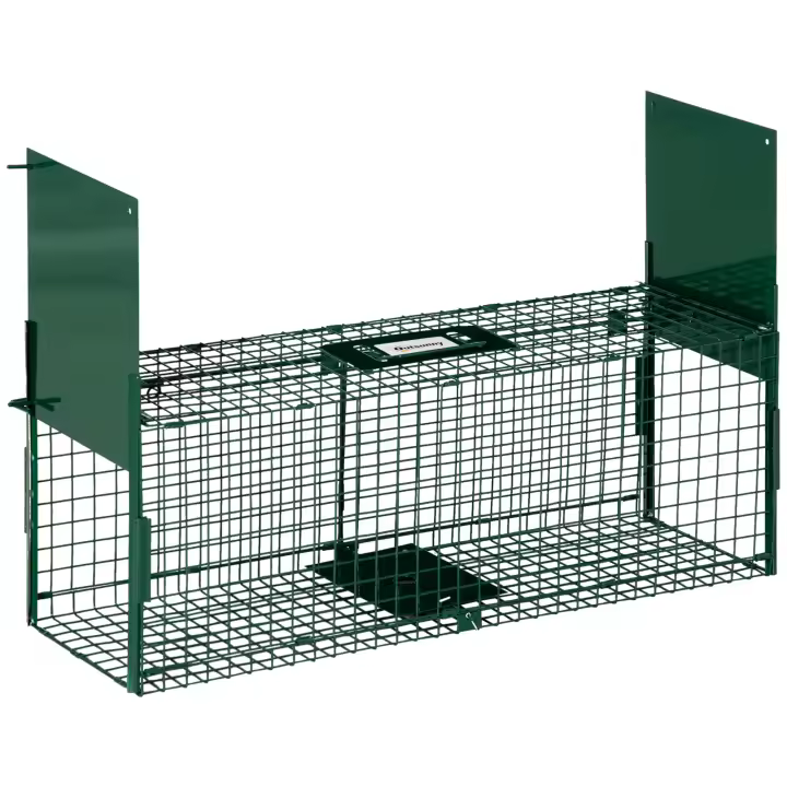 Outsunny Trampa para Animales Vivos con 2 Puertas Jaula de Captura Metálica con Asa para Conejos Visones Zorros Pequeños 80x25x30 cm Verde Oscuro - 1