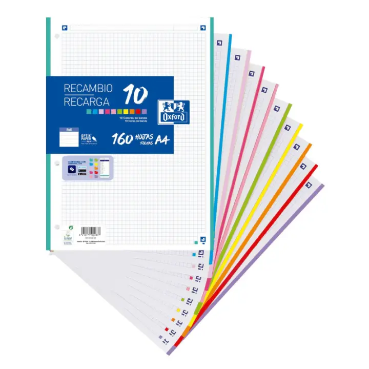 Recambio 10 colores Oxford 160 hojas - papel de 90 gramos OptikPaper+ la tinta no traspasa - cuadrícula 5x5 - compatible con la aplicación Scribzee para una mejor organización - ideal para la usos escolar - especial vuelta al cole 2025 - 1