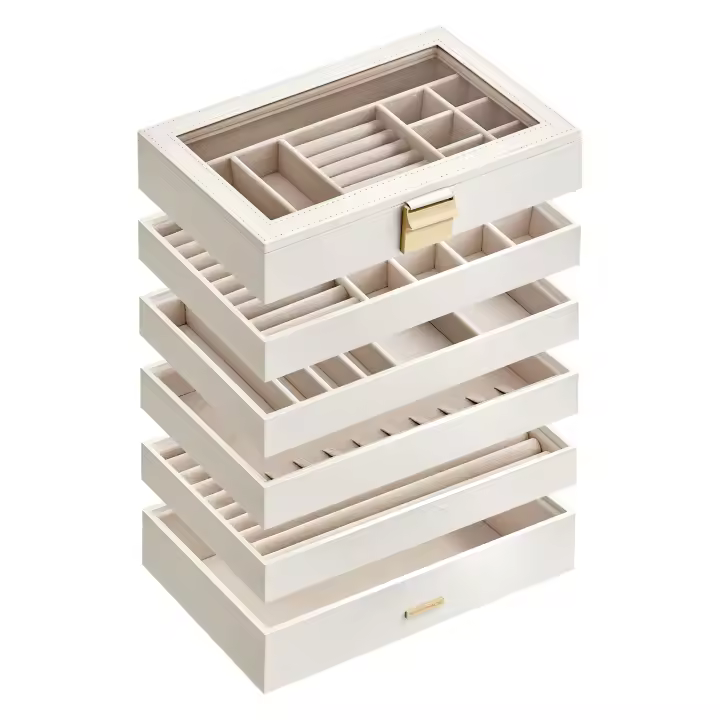 SONGMICS Caja Joyero Apilable, Caja de Joyas de 6 Capas Grande, Tapa de Cristal Transparente, 17 x 28 x 25,3 cm, para Cajón de Tocador, Idea de Regalo, Blanco Nube - 1