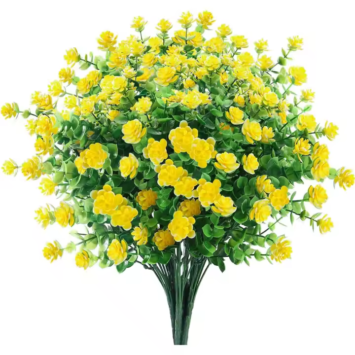 Flores artificiales para exteriores, flores falsas para decoración, resistentes a los rayos UV, que no se decoloran, plantas de plástico sintético para jardín, porche, ventana, jardinera (6 paquetes, amarillo) - 1