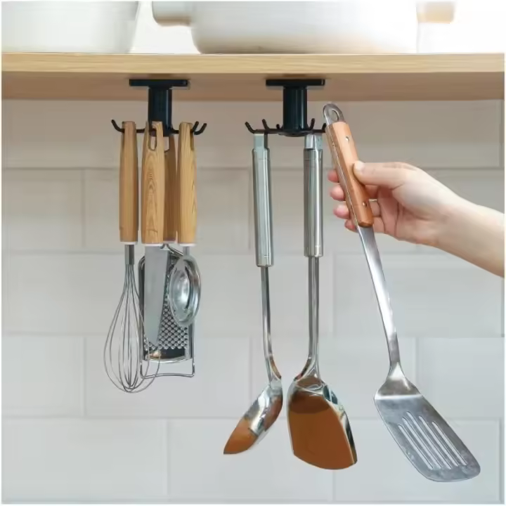 Utensil Holder Hook, Self Adhesive Kitchen Hanger Storage Oganiser Hook Under Cabinet Rotatable Hooks Holder with 6 Hooks(2pcs） - 1